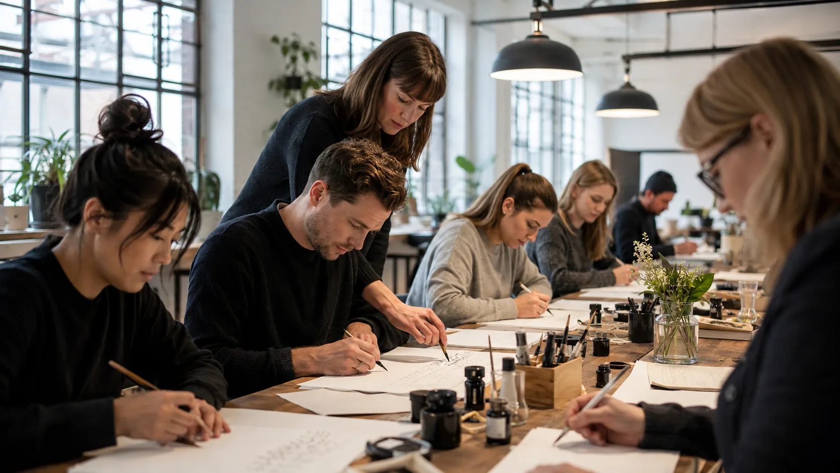 A calligraphy teacher guides a student’s pointed pen at a bright studio worktable in the US