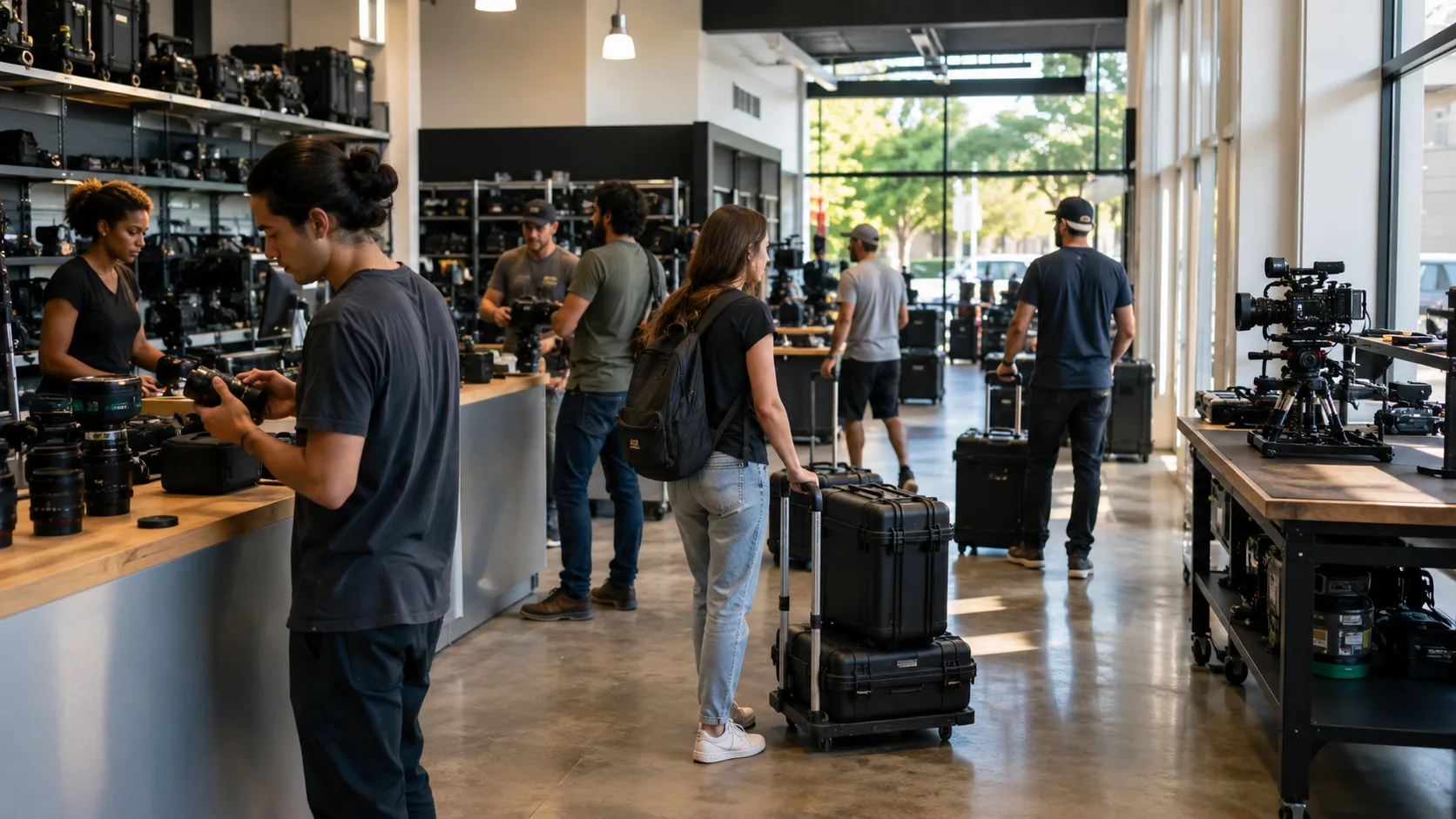 Customers pick up reserved camera and AV kits from a busy counter in the US