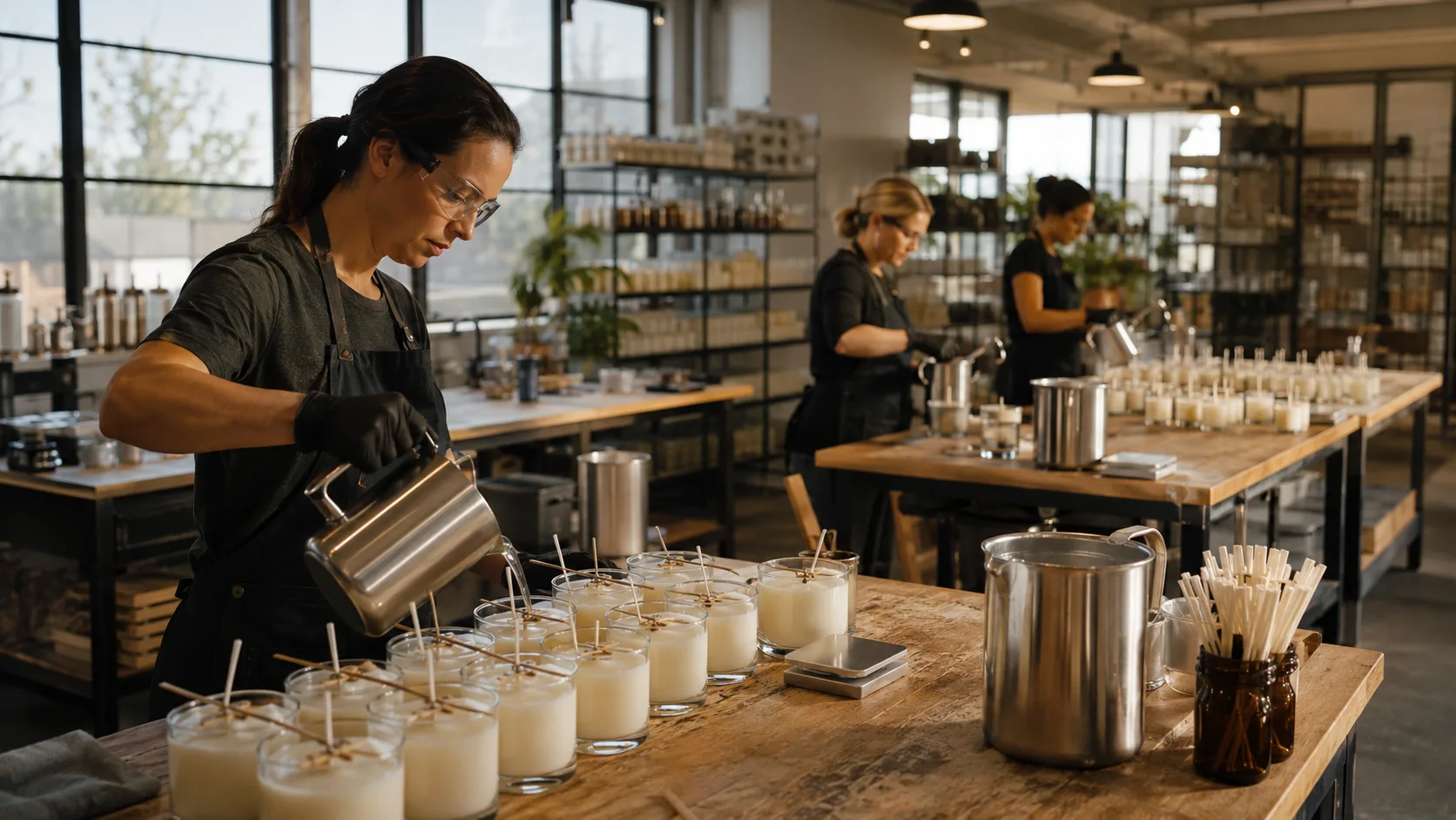 Students pouring scented wax into tins at a bright candle studio bench in the US