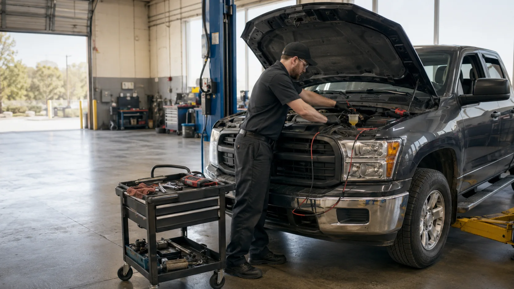 A mechanic working under a car in a workshop bay in the US