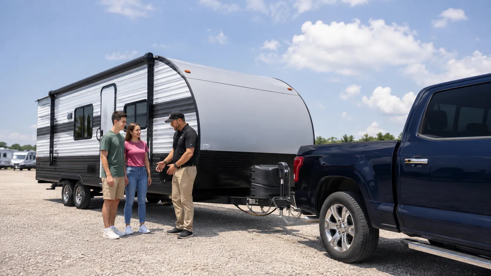 Customers receiving a travel trailer handover during a service handover in the US
