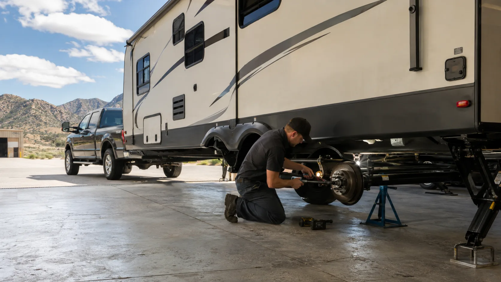A caravan up on stands in a service workshop in the US