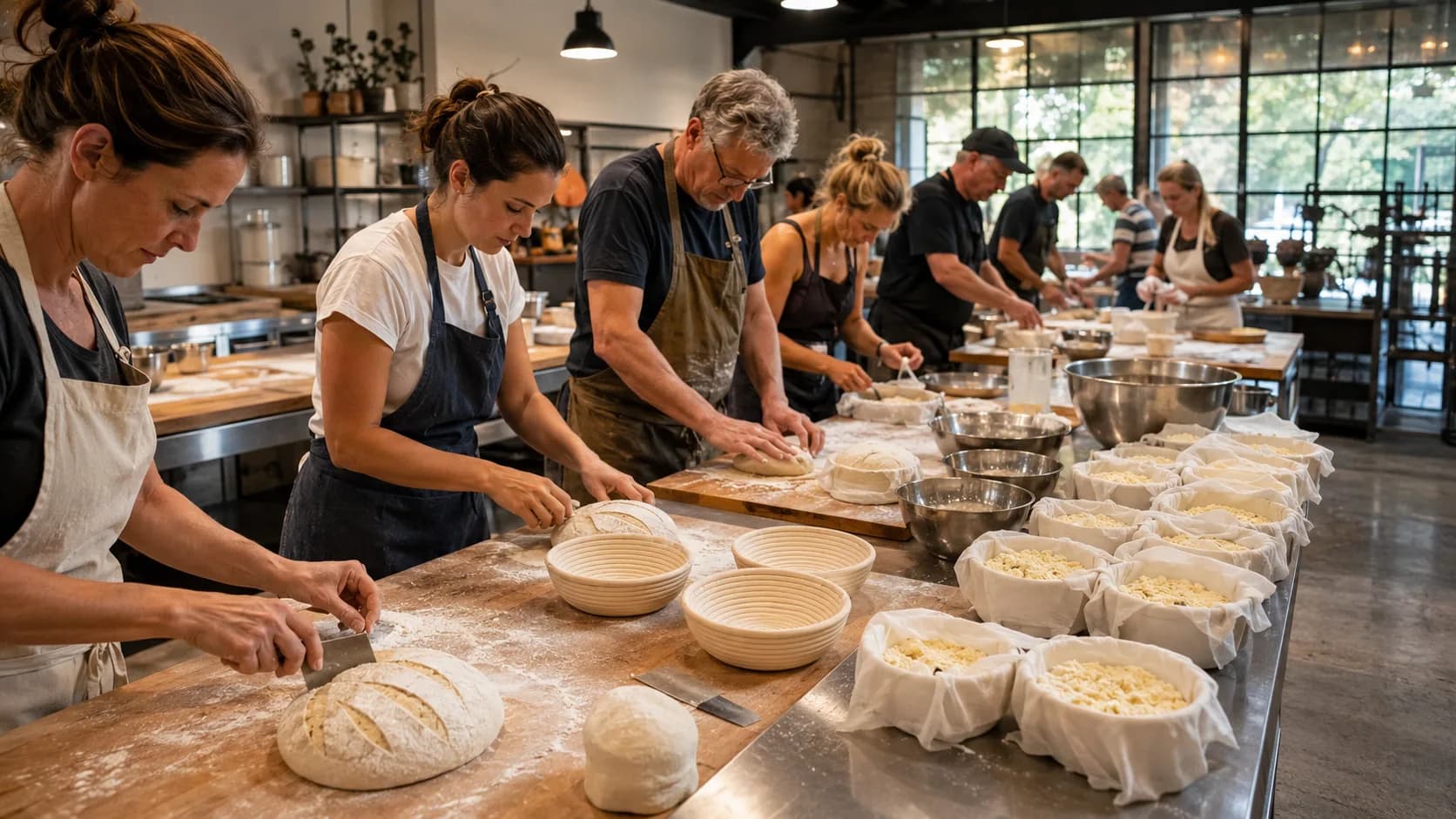 A food tutor guides learners shaping sourdough and making fresh cheese in the US