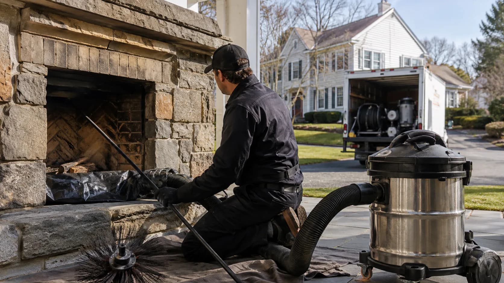 A chimney sweep brushing a flue in the US