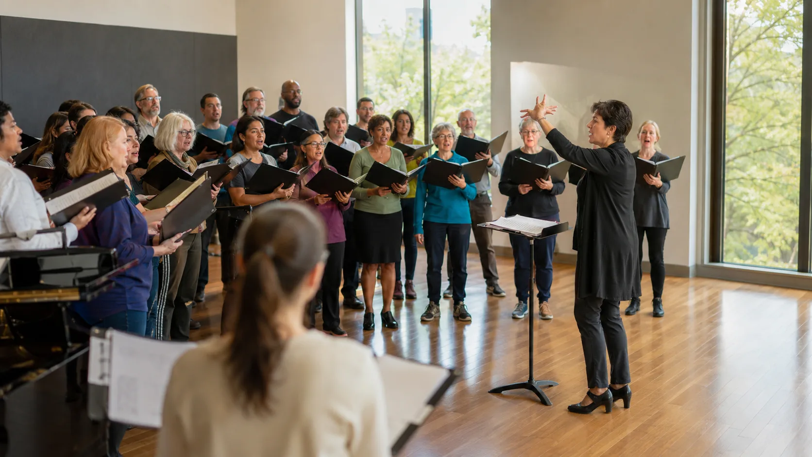Choir director leading a large vocal rehearsal in a studio in the US