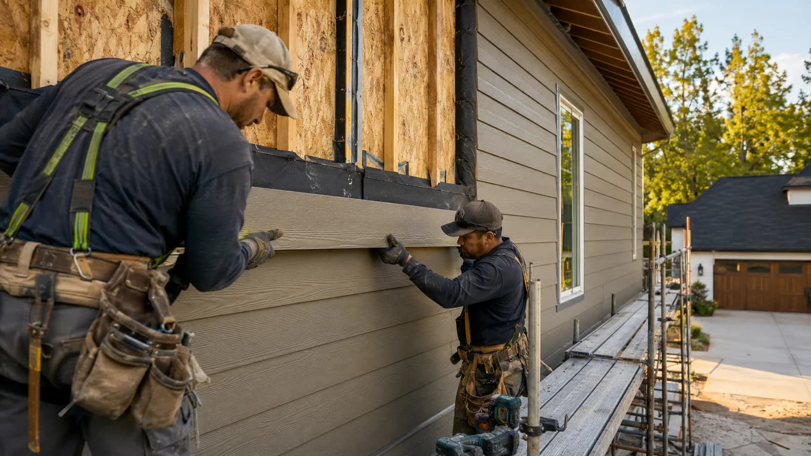 Installers hanging cladding boards on a house in the US