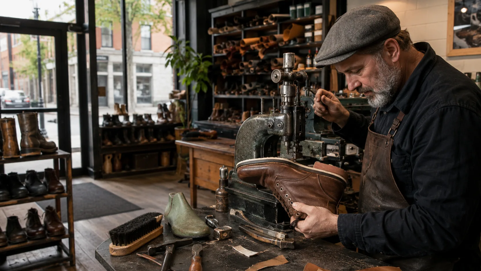 A cobbler stitching a sole at the bench of a shoe repair shop in the US