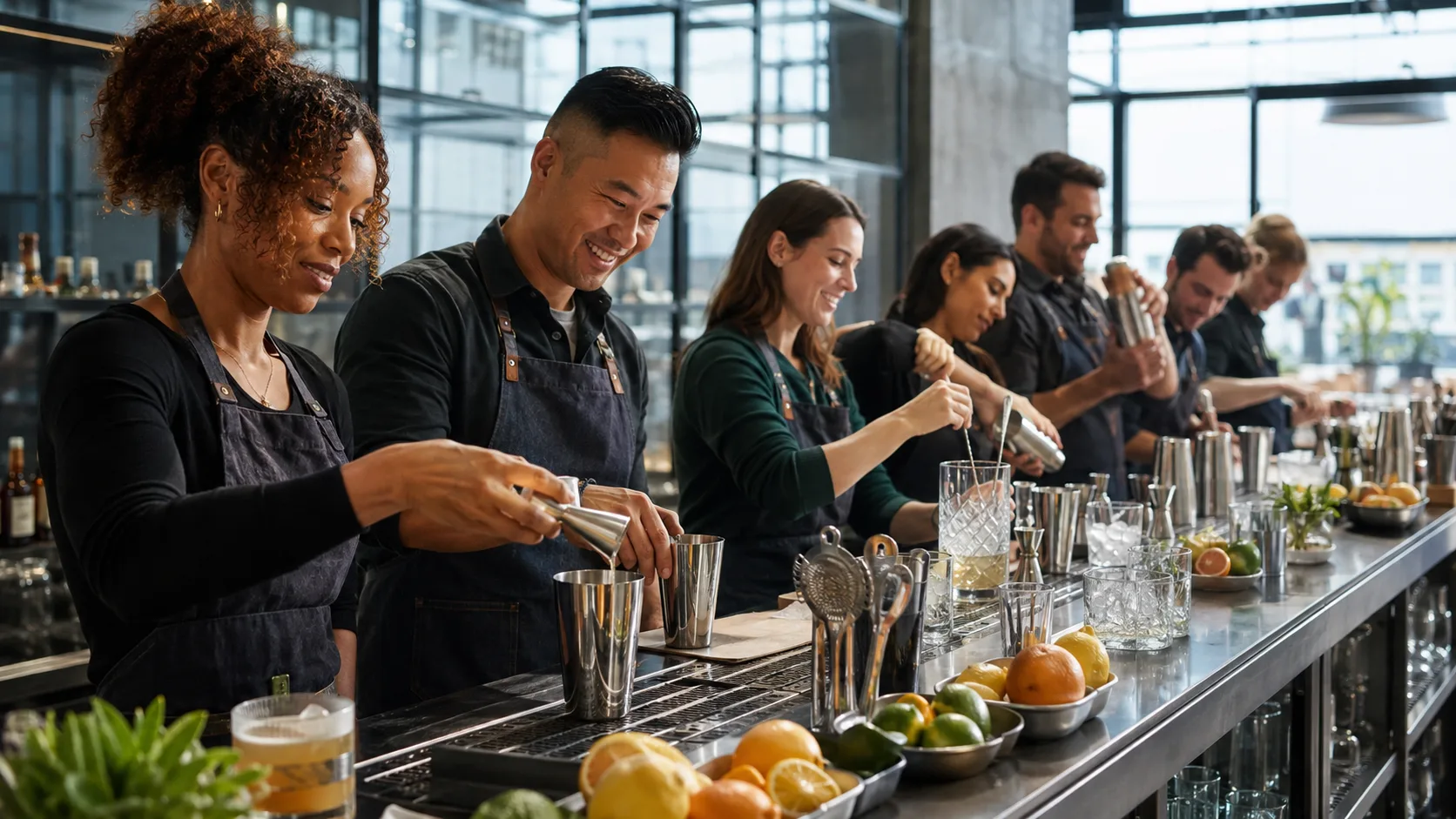 Guests straining drinks at bar stations in a large commercial class space in the US, camera set low