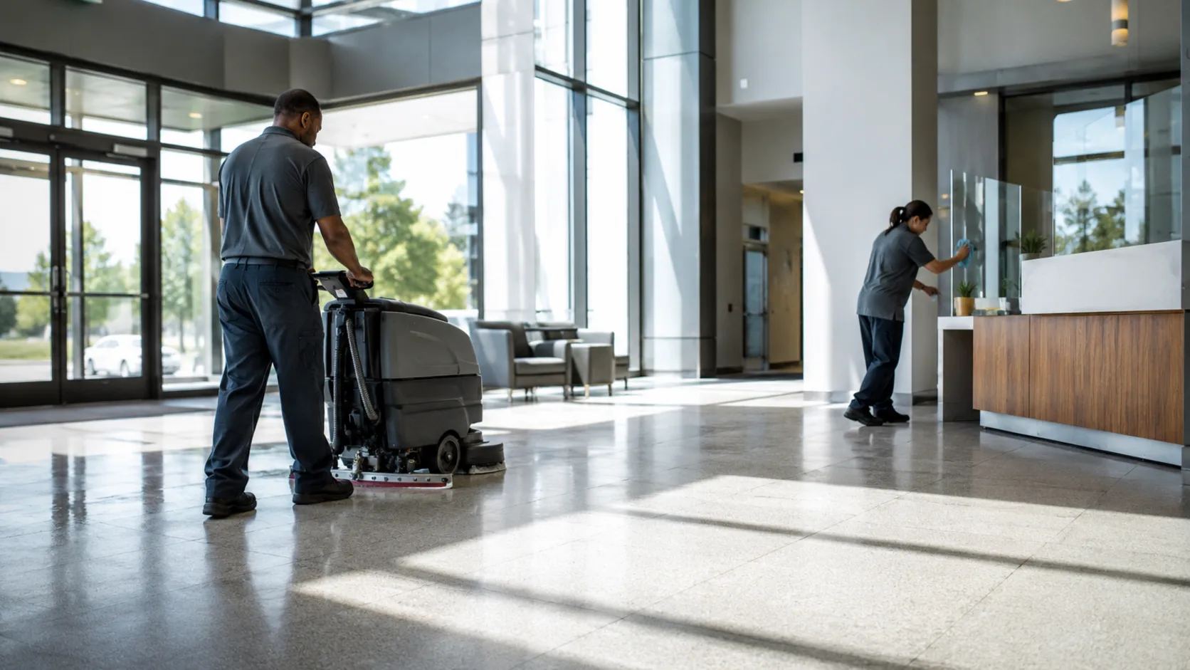A commercial cleaner working through an office after hours in the US