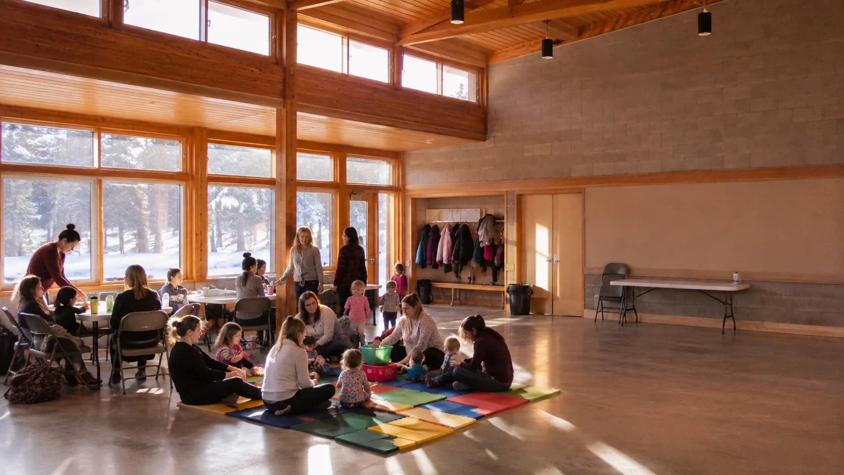Families use a sunny multipurpose community center for a celebration