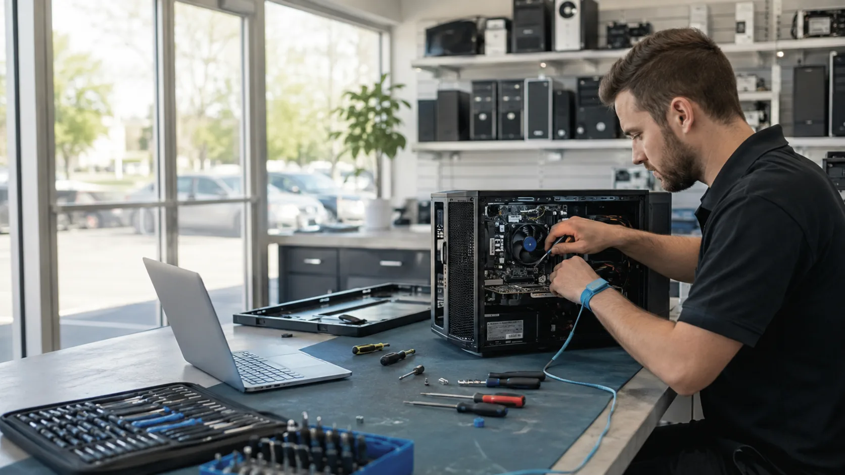 A technician working on an opened laptop at a repair bench in the US