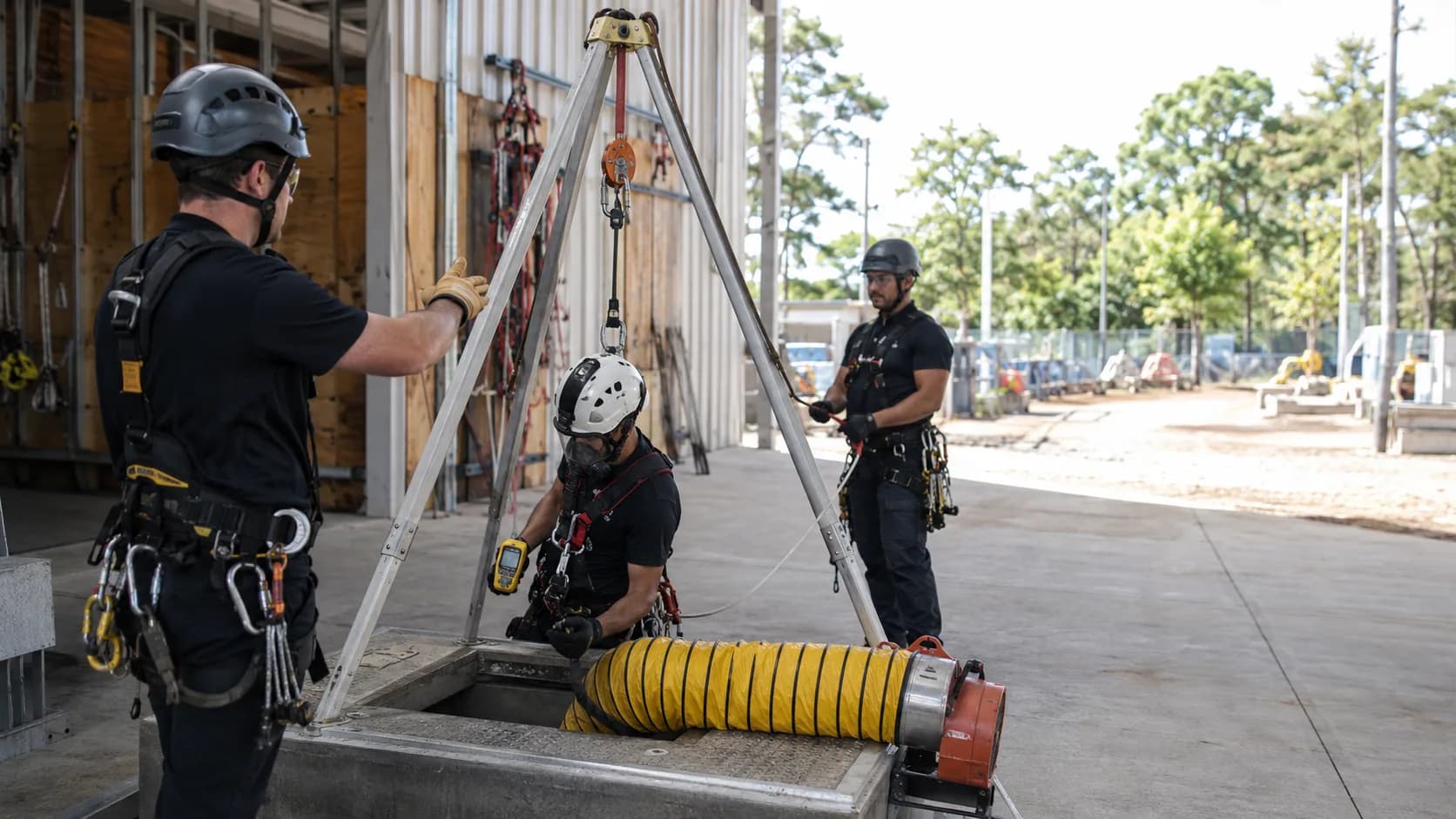 Instructor checks harness and gas monitor beside a confined-space training rig in the US