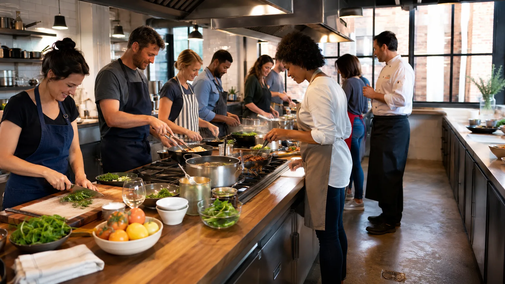 A chef tutor guides participants through a hands-on cooking workshop in the US