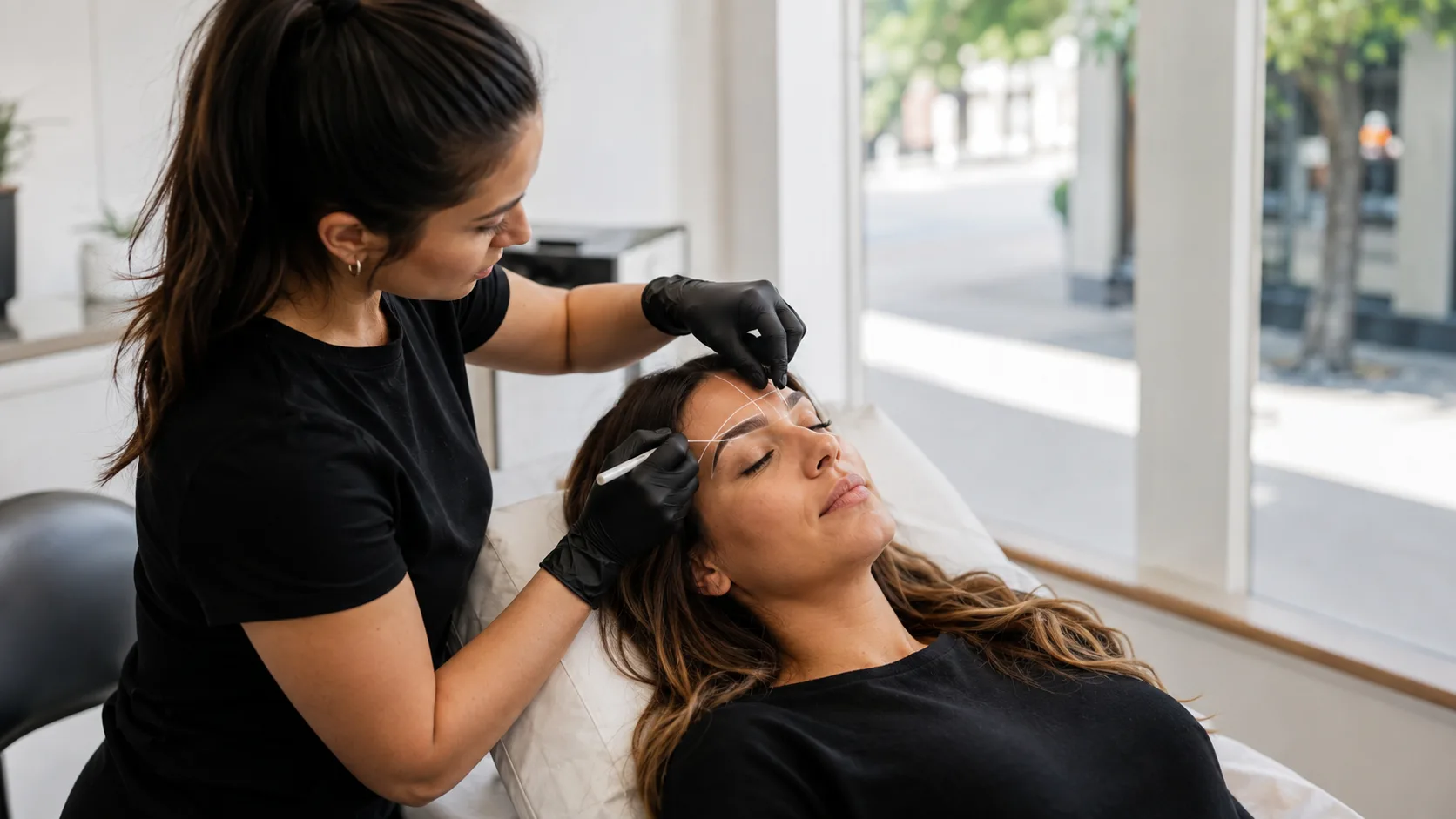 Cosmetic tattoo artist mapping a client’s brows inside a commercial studio in the US