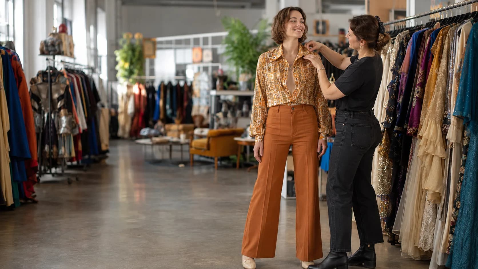 Assistant helping a customer choose a retro costume in the US