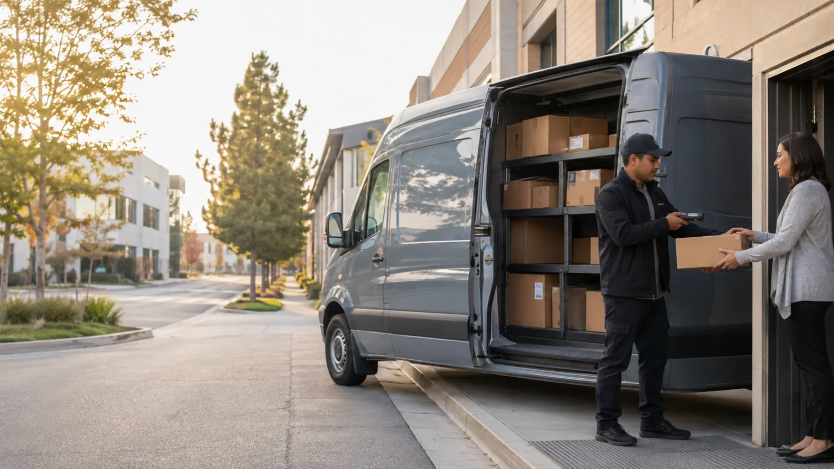 A driver loads a pallet into a liftgate cargo van at a US industrial park