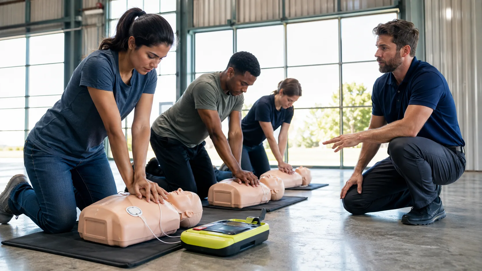 Learners practise chest compressions with manikins during a CPR refresher class in the US