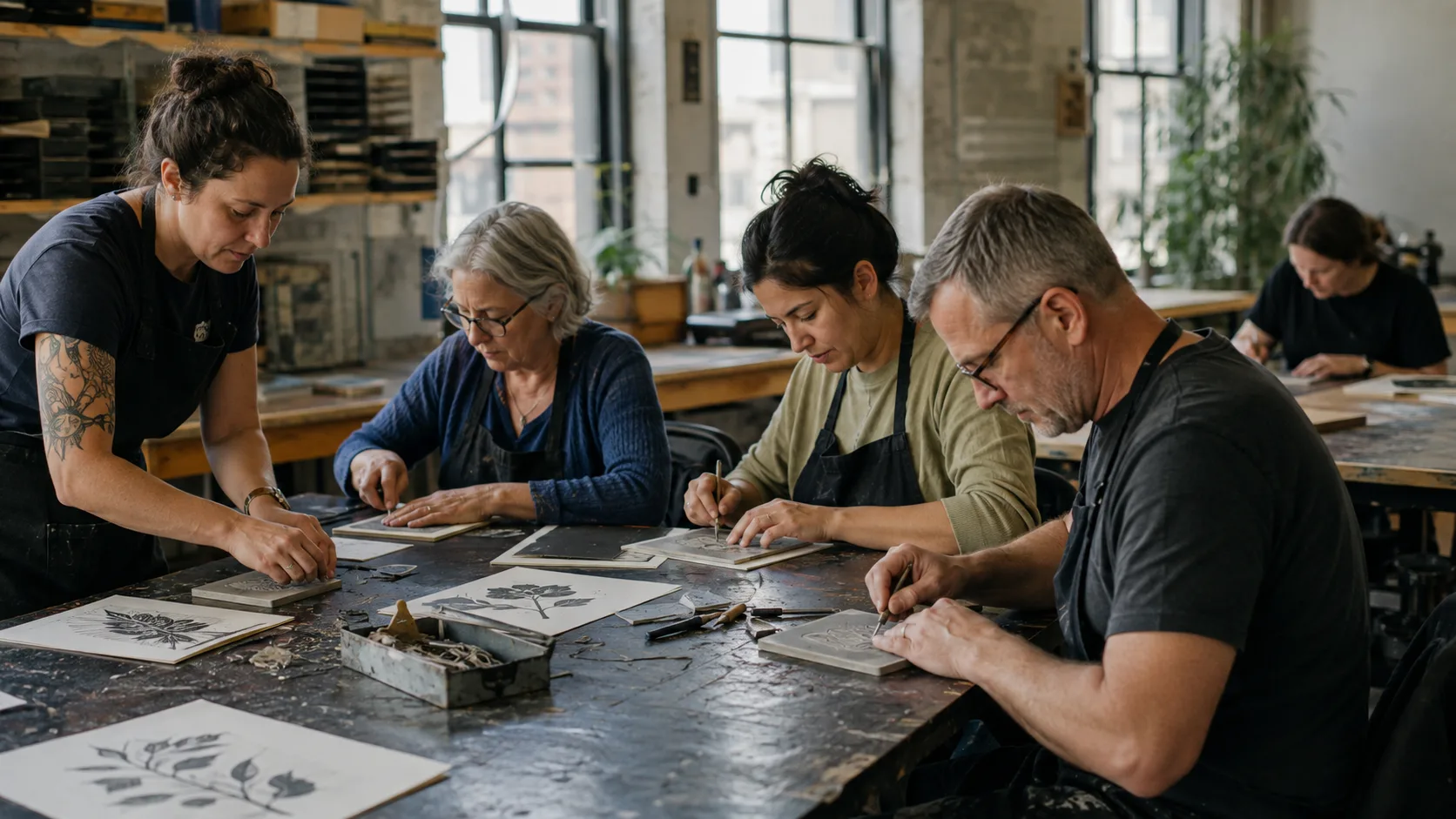Busy printmaking workshop at a community maker space in the US
