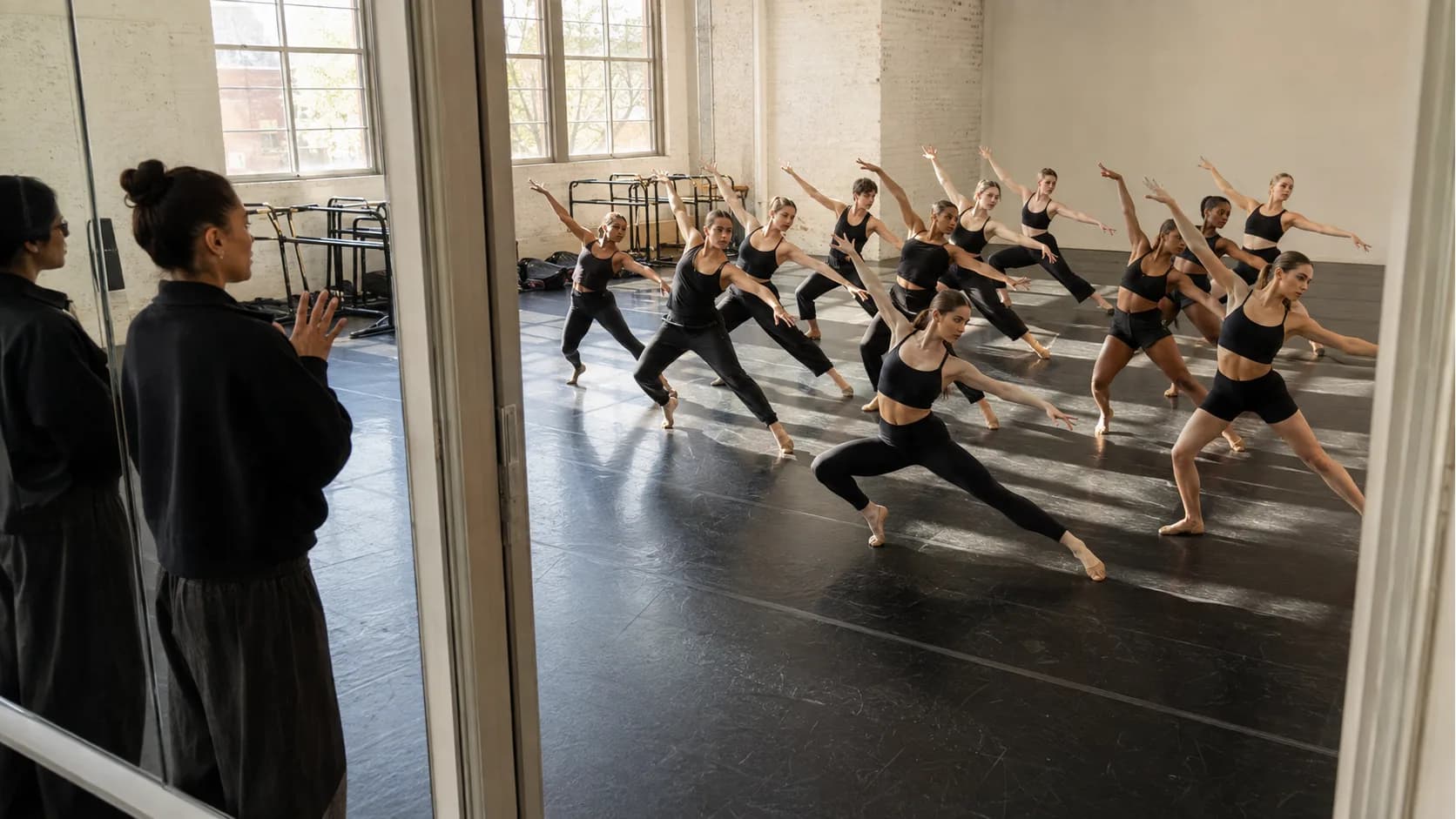 Dancers rehearse together across a bright sprung floor during class