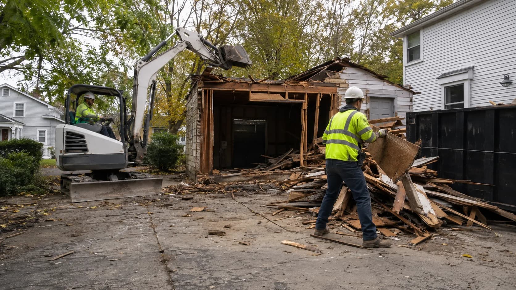 An excavator taking down a detached garage in the US