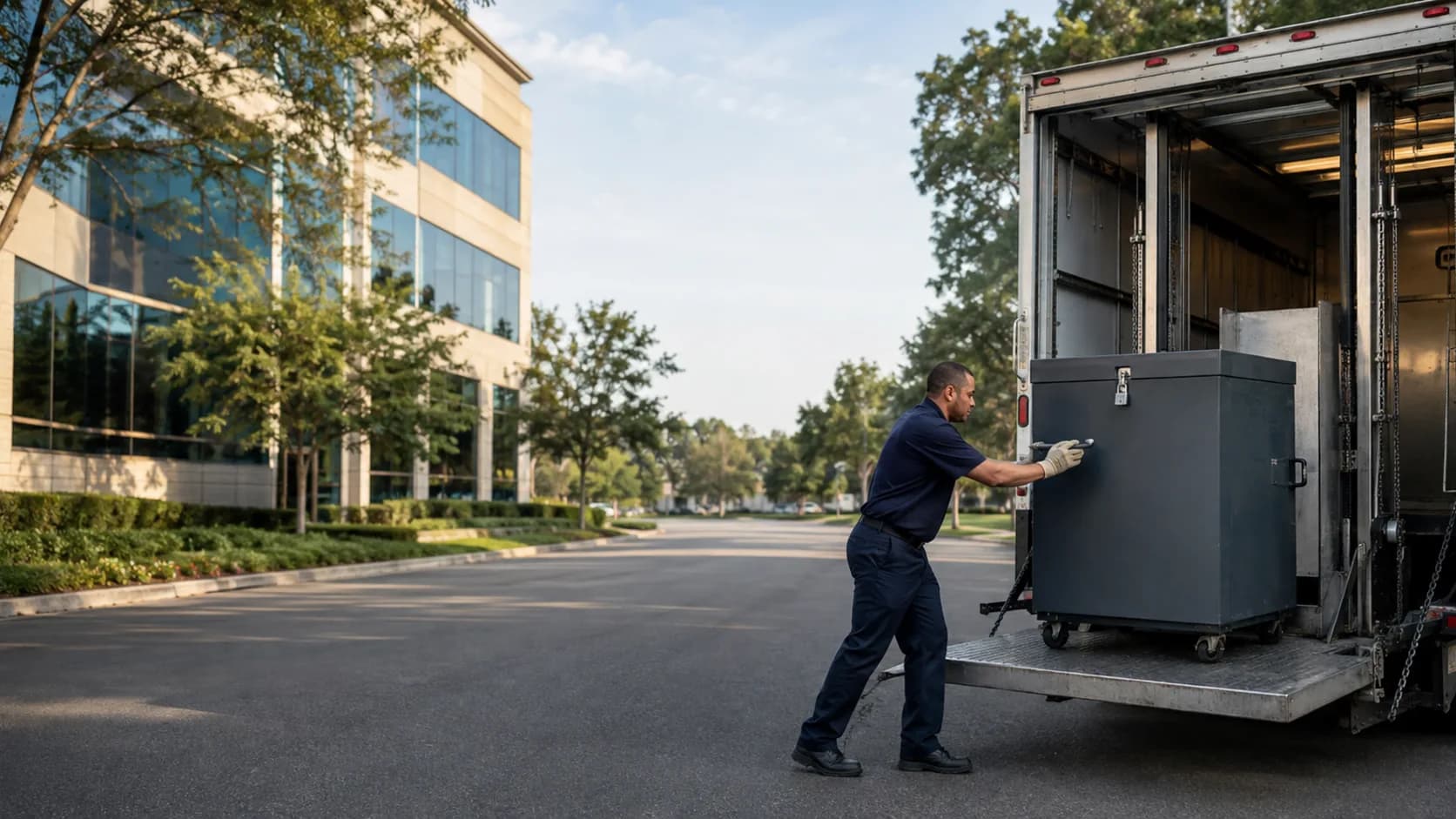 A mobile shredding truck working an office building in the US