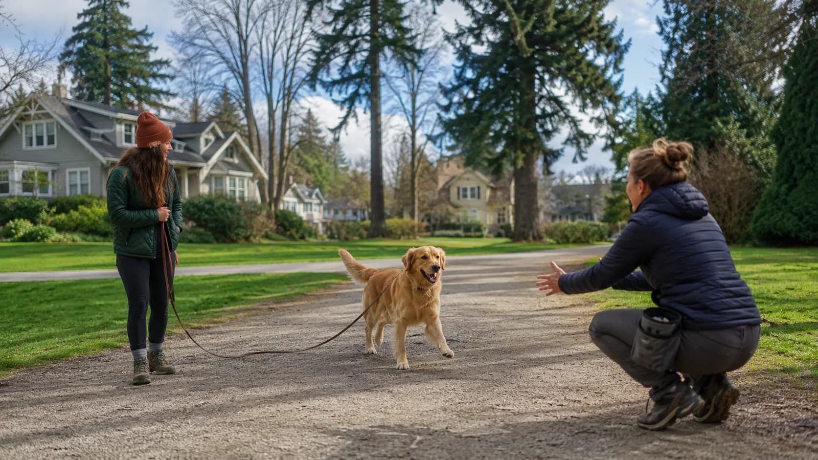 A dog trainer working with a dog in a park in the US