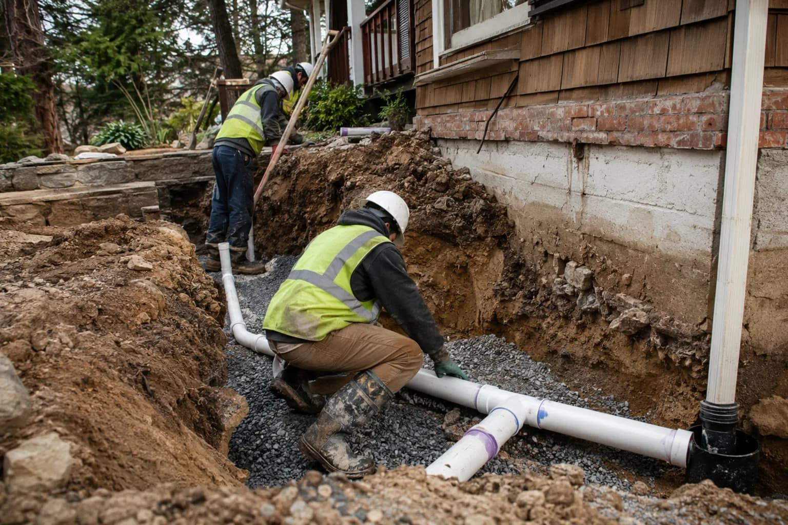 A drainage contractor feeding a jetting hose into a chamber in the US