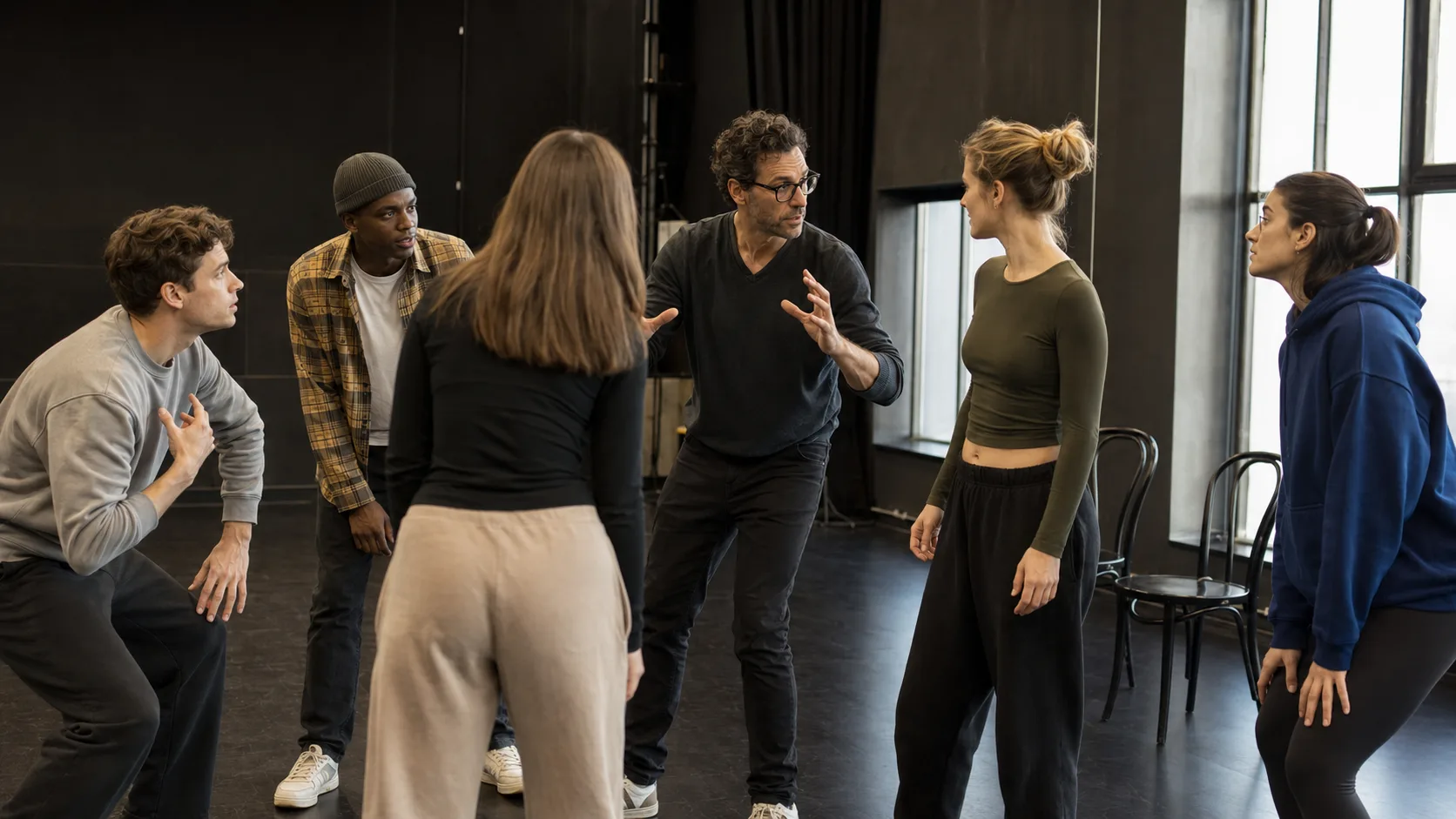 Acting instructor coaching a scene-study class in a studio in the US