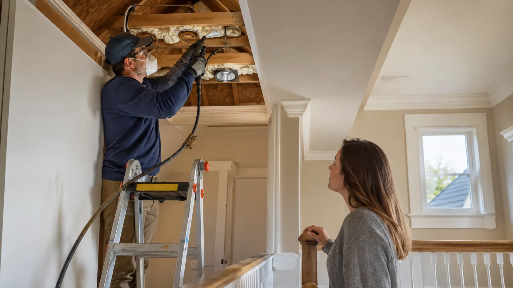 A technician applying foam sealant around a rim joist in a basement in the United States