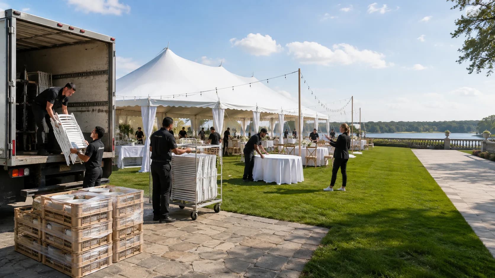 Customers pick up reserved tent, table or chair model from a busy counter in the US