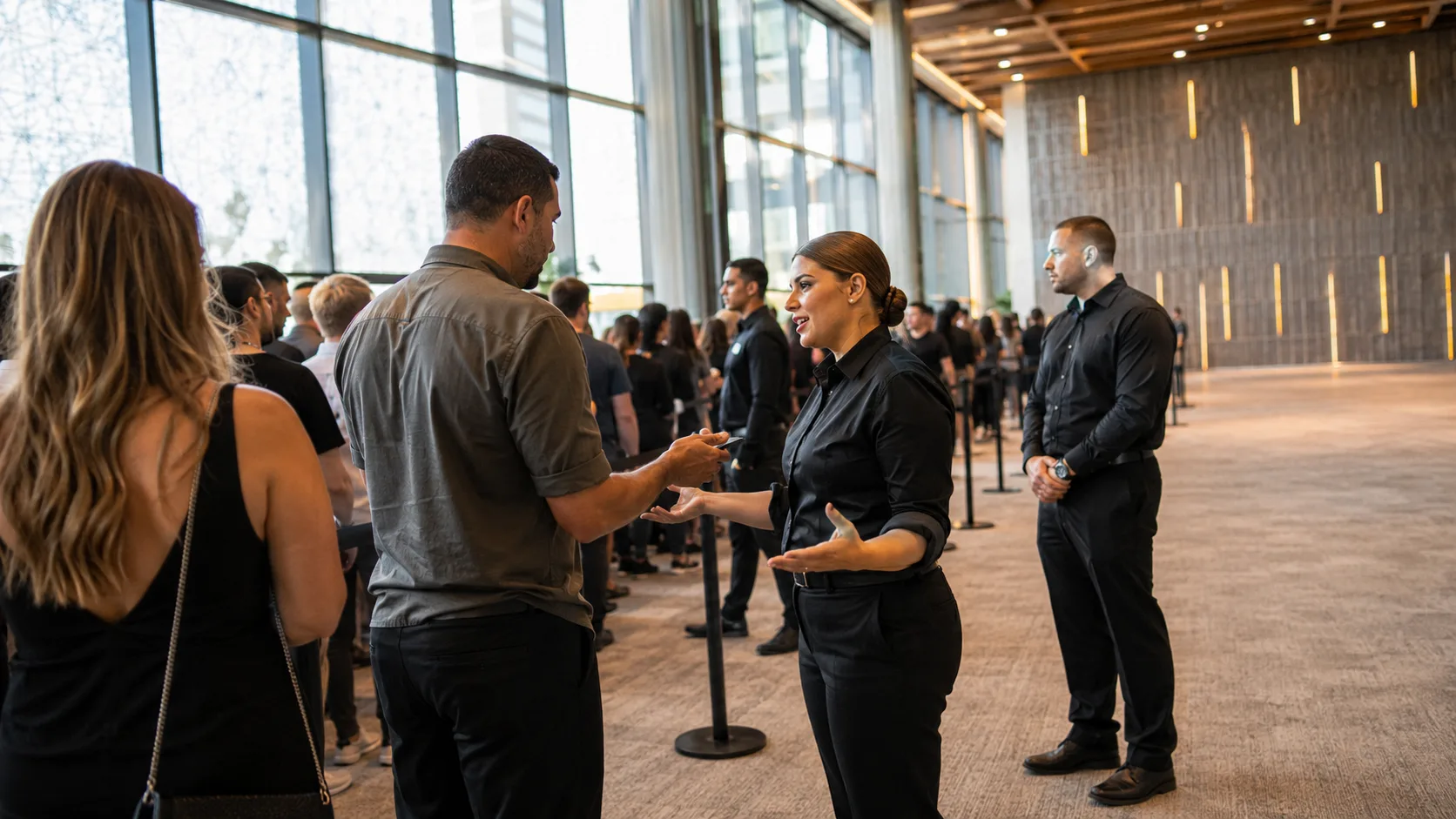 Event security staff calmly managing guest entry at a booked event in the US