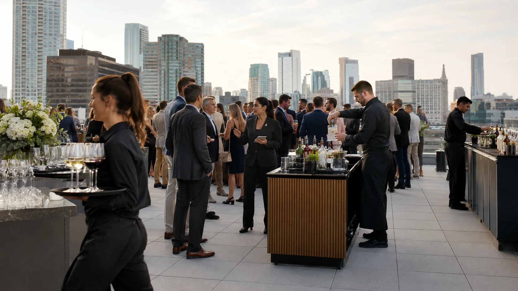 the US staffing team working across a large rooftop reception