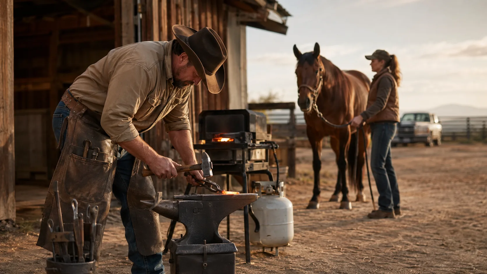 A farrier works at a portable forge with a horse and owner on an American ranch