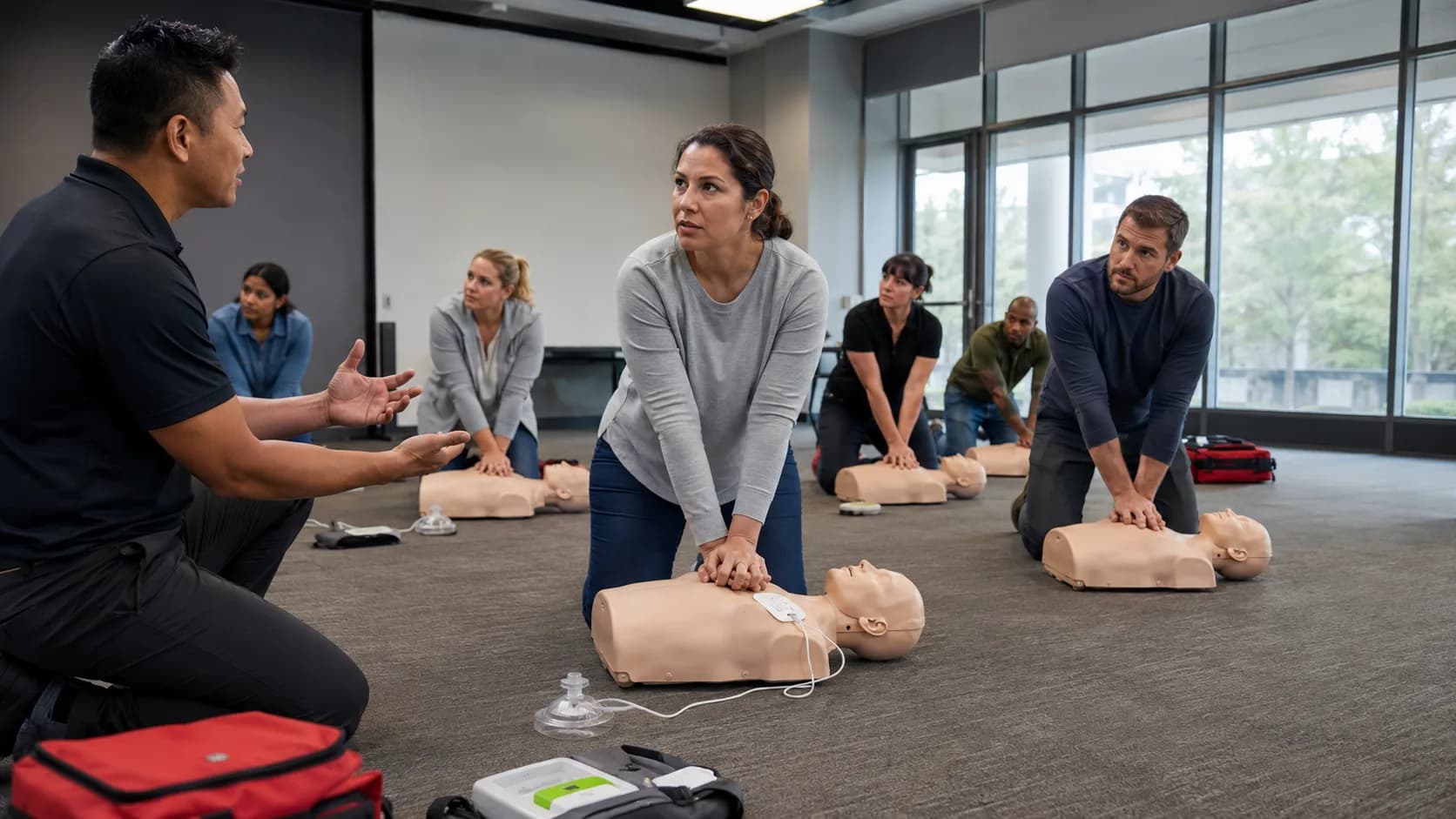 A trainer demonstrates practical first aid to an engaged adult class in the US