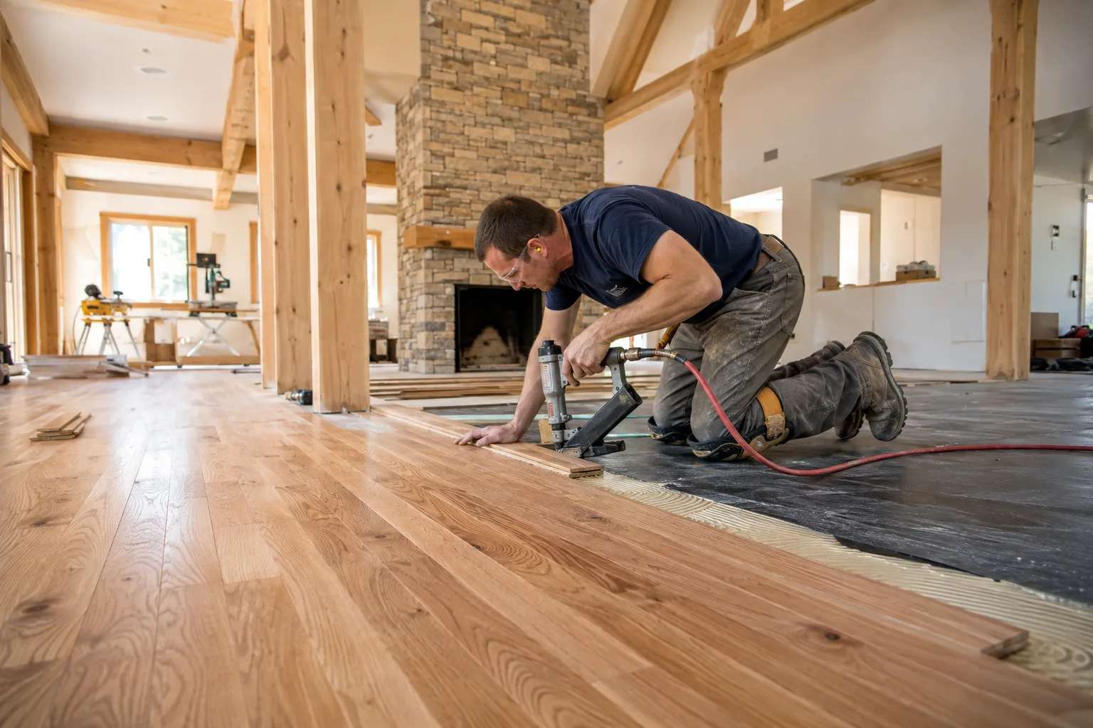 A floorlayer laying a timber floor in the US