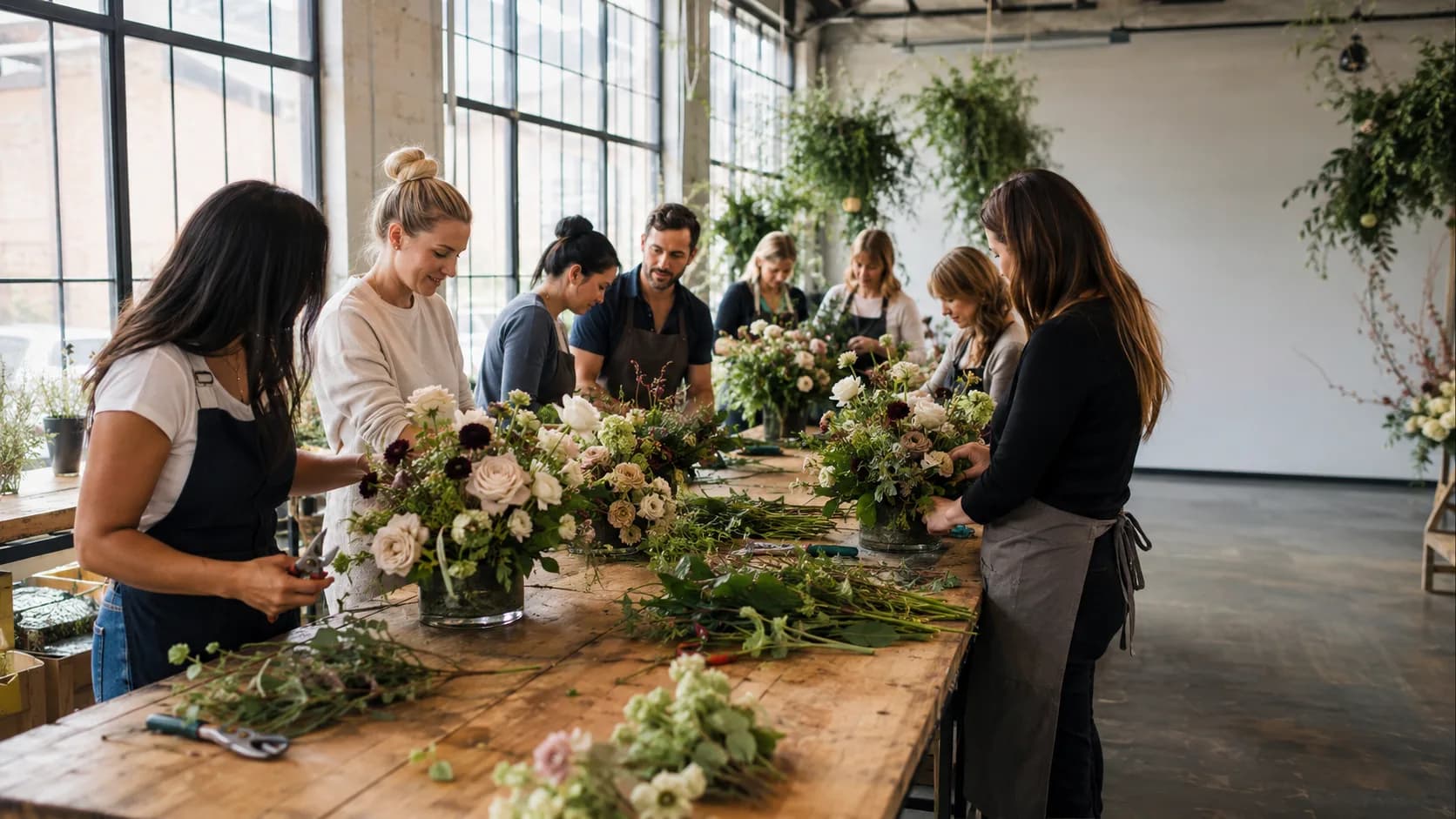 An instructor at a long studio bench of buckets and blooms, shot low among the makers, in the US