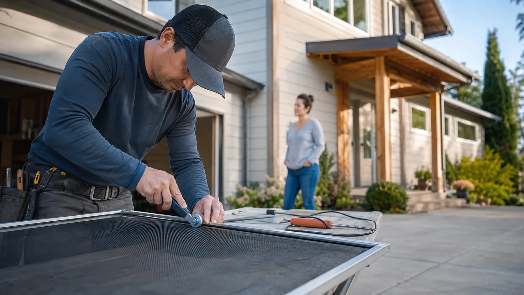 A flyscreen fitter resplining a panel at the van in the US