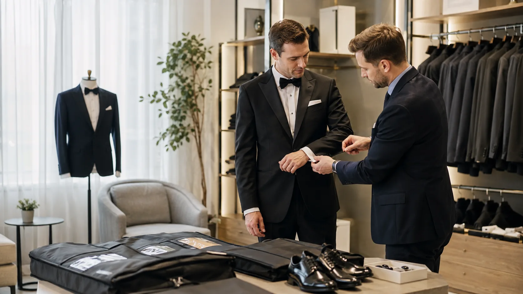 Consultant helping a wedding party with formal suits in the US