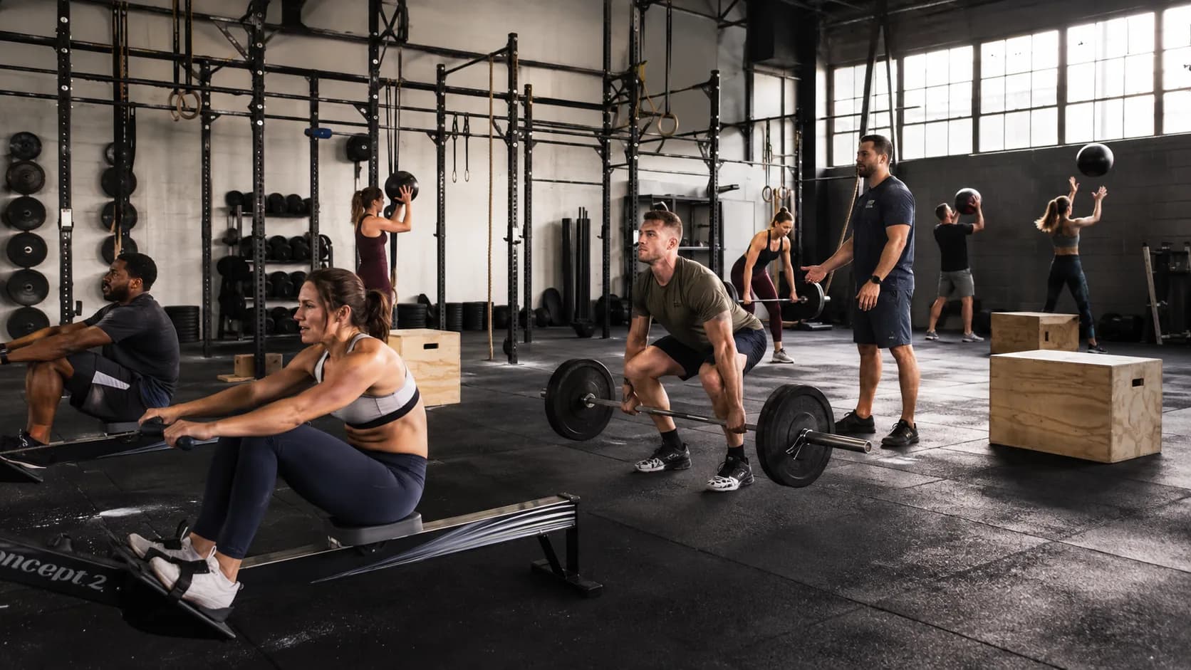 Athletes mid-workout across rowers and racks on a wide gym floor in the US
