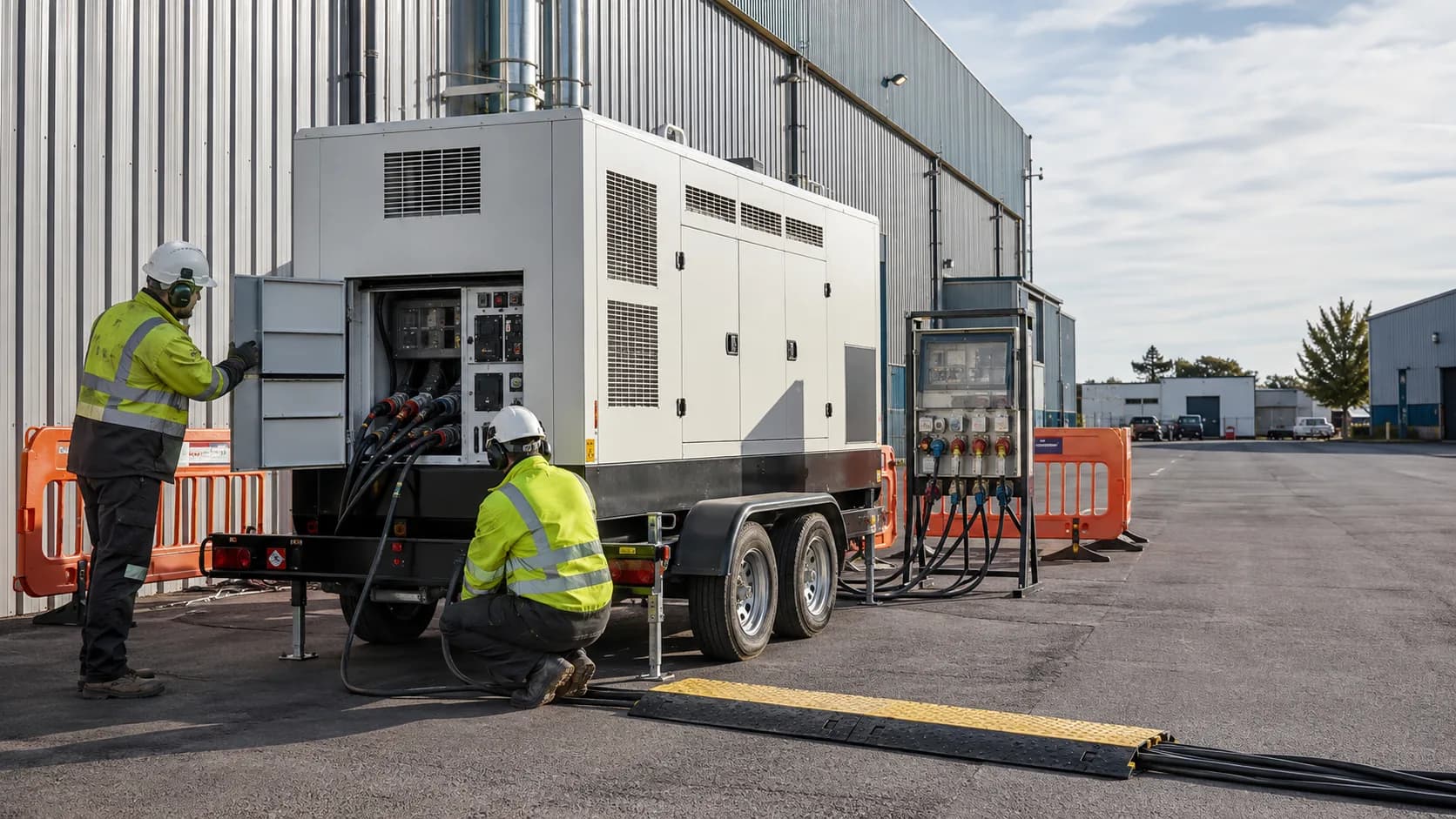 Crew connecting a generator outside a commercial building in the US