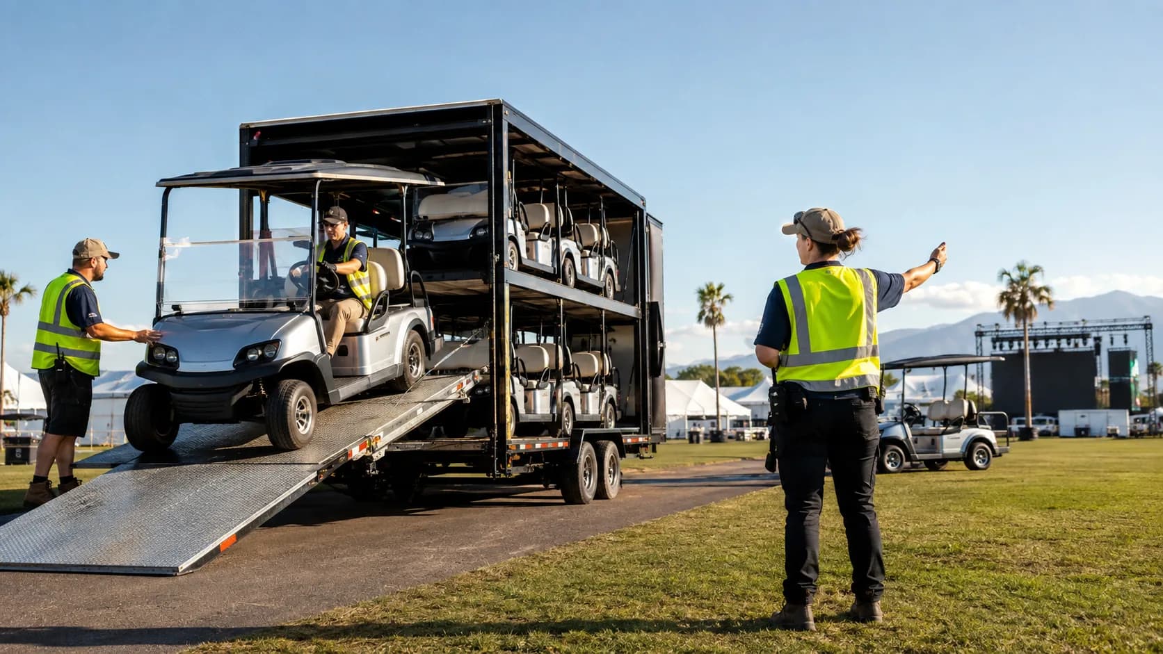 Crew unloading golf carts at a large event site in the US