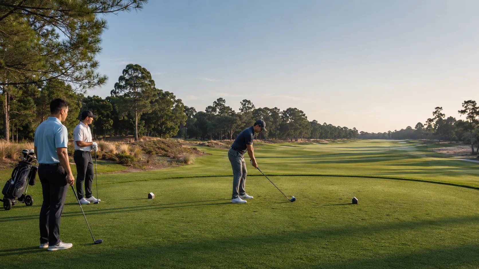 A US golf course in bright morning sun, the first fairway open for the day’s tee times