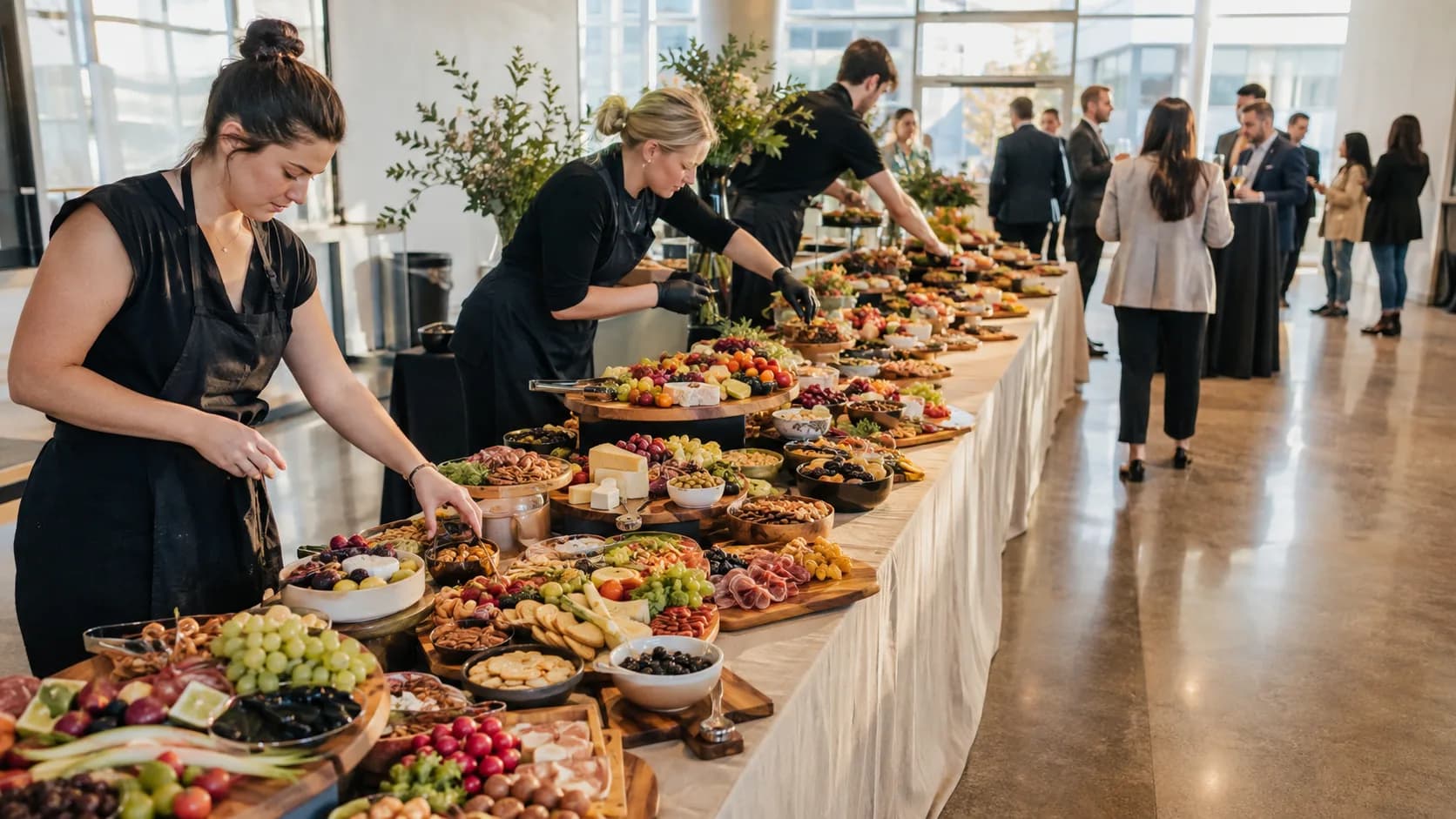 the US grazing-table crew building a large corporate reception display