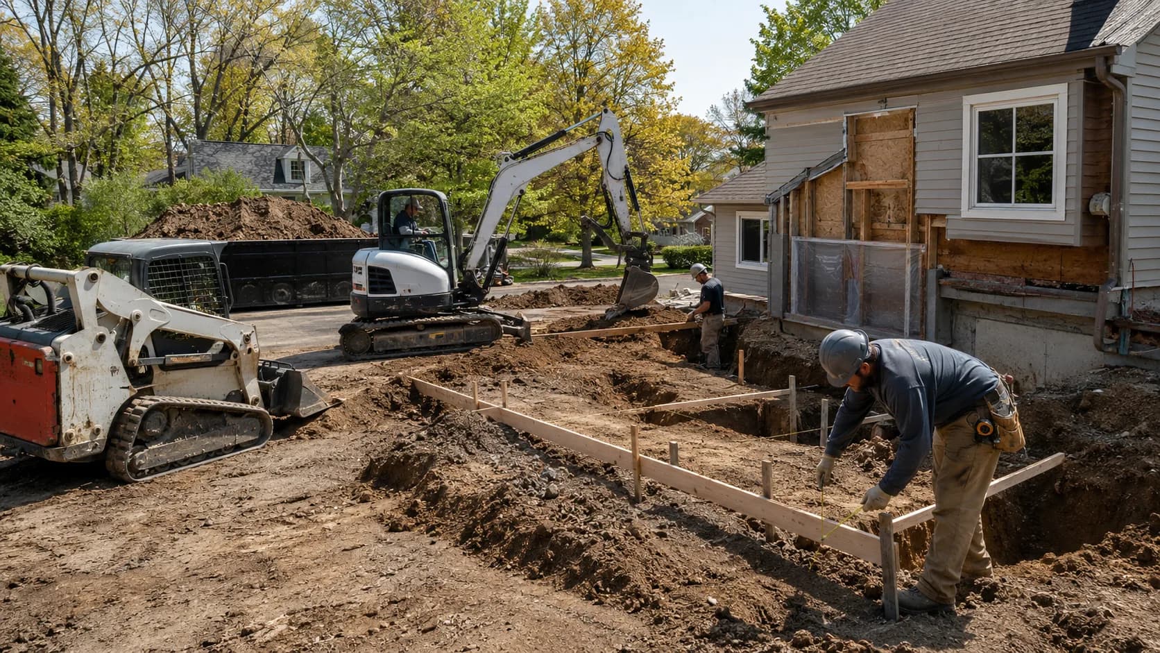 An excavator cutting a footing trench on a site in the US