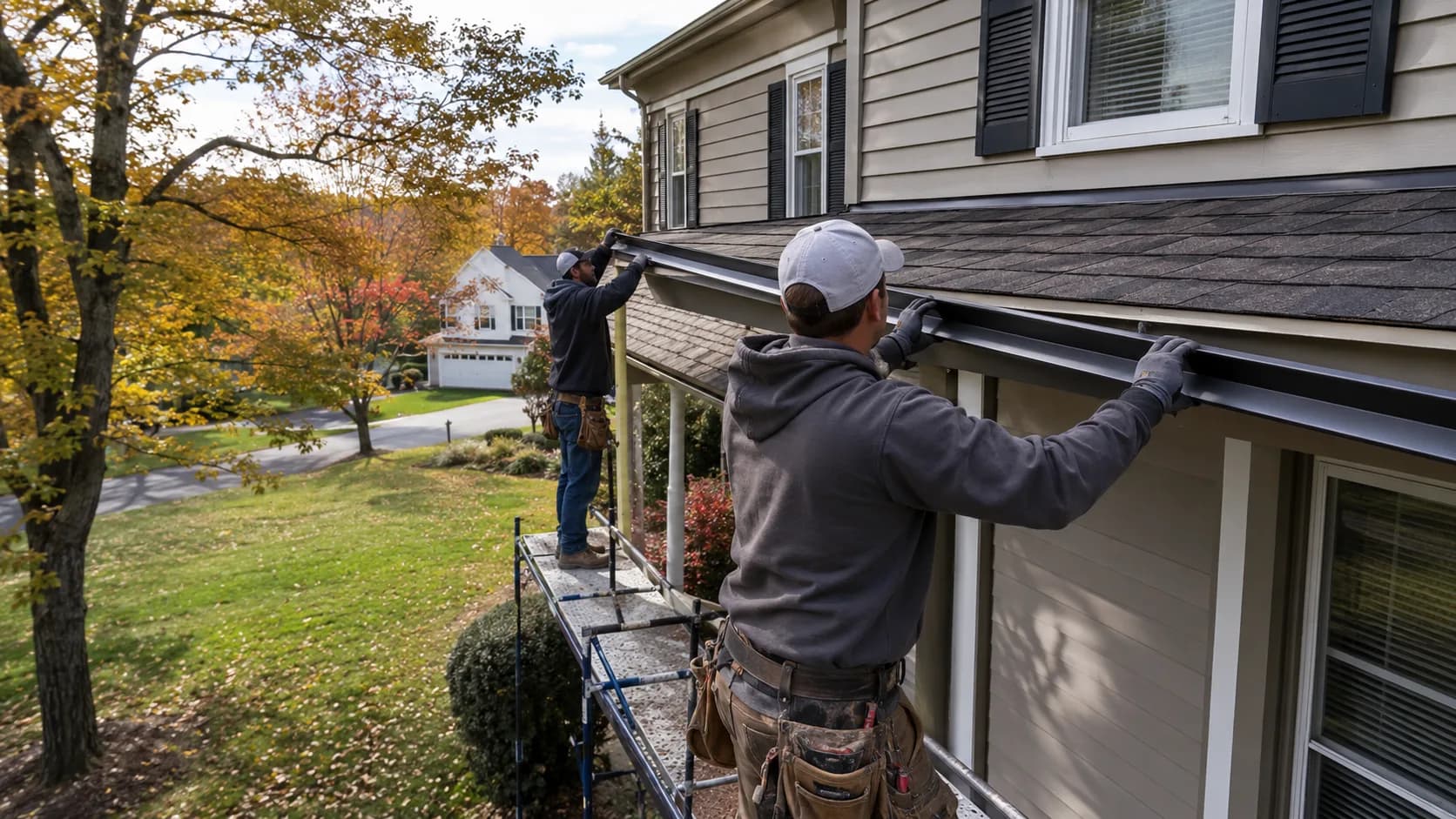 A fitter hanging a new gutter run in the US