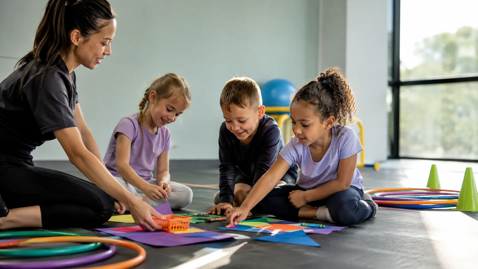 Counselors leading a creative day camp activity in a community center in the US
