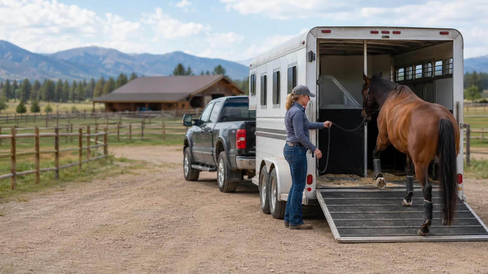 A horse trailer is loaded at a US boarding barn with fenced paddocks behind