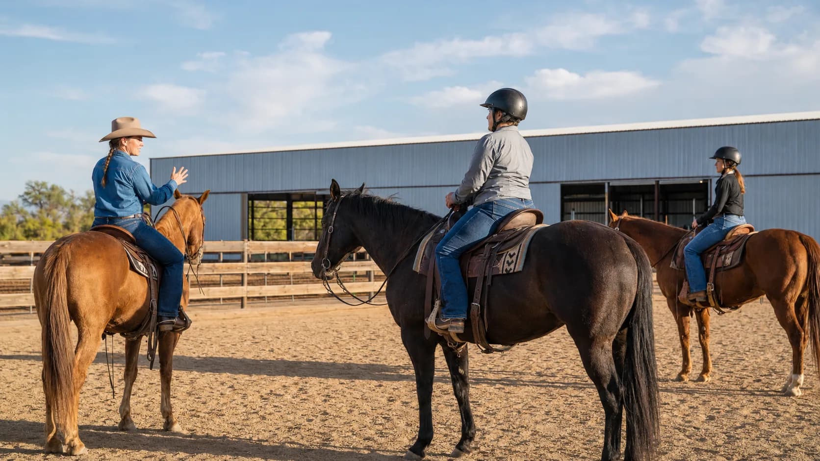 Coach leading a horseback riding lesson in a ring in the US