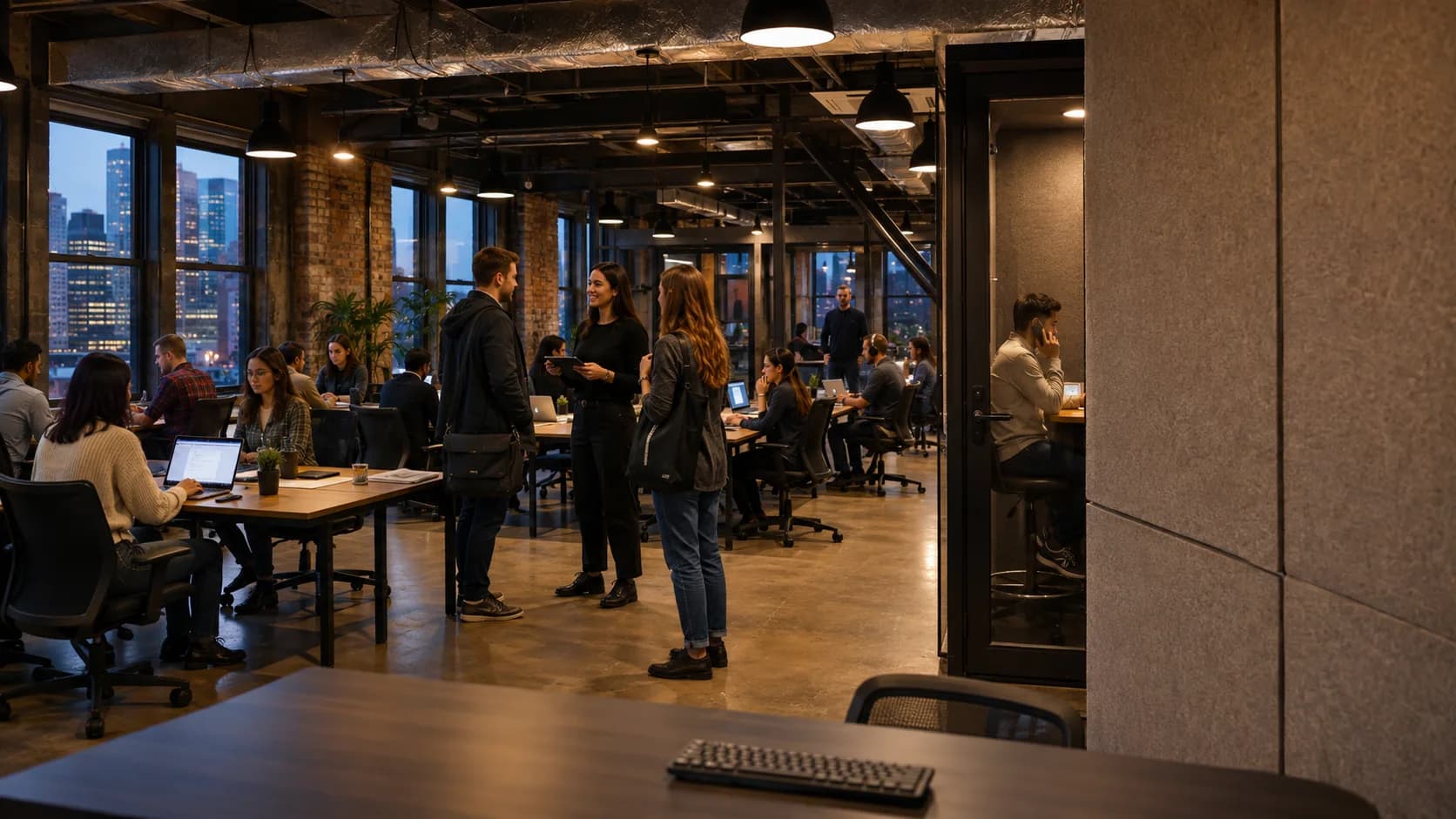 Coworkers use occupied desks throughout a bright professional shared workspace