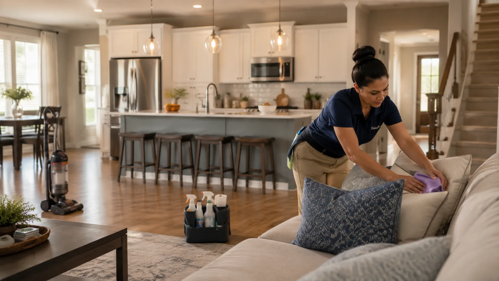 A housekeeper cleaning a kitchen in a home in the US